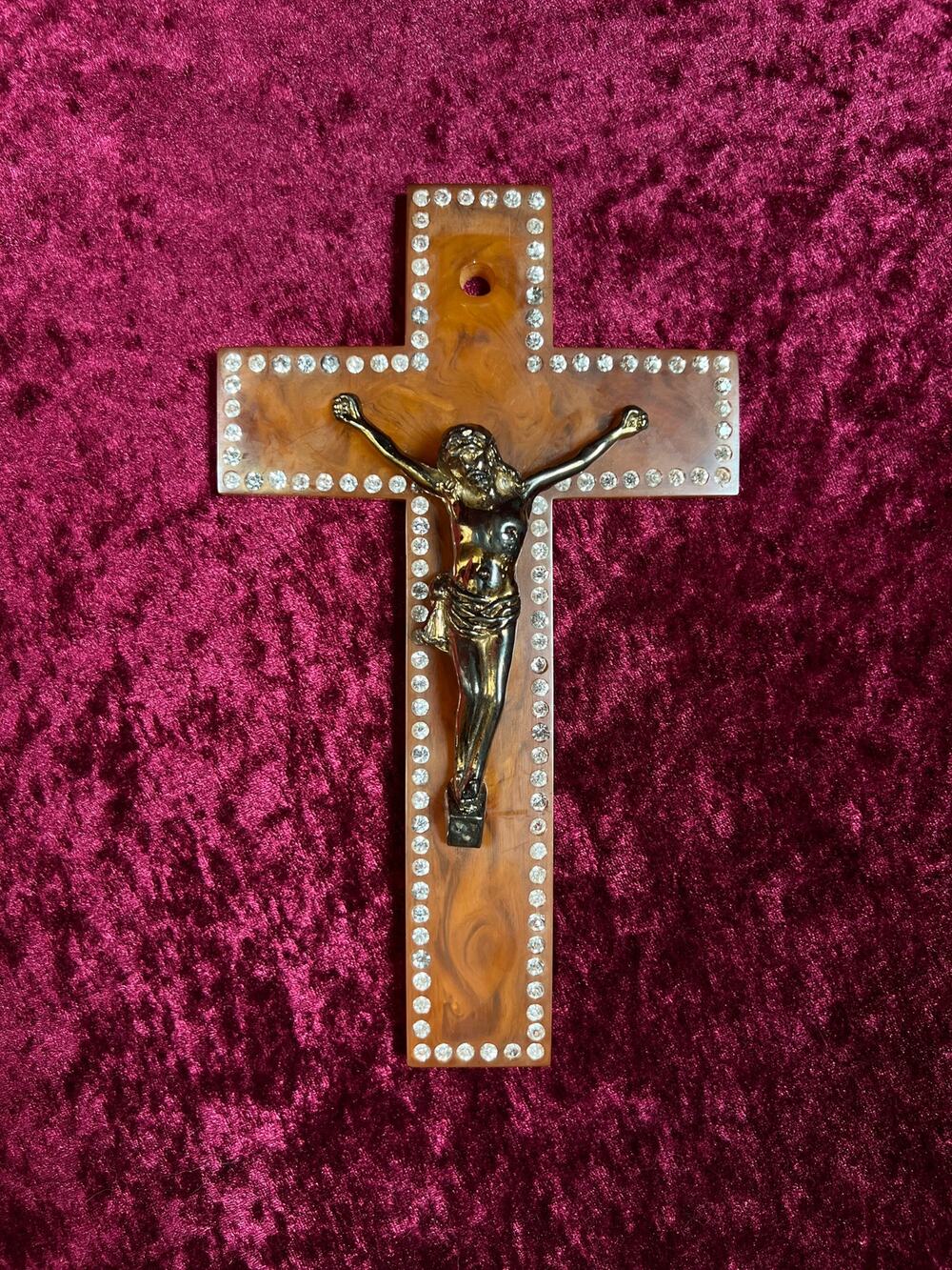 Vintage Bakelite Crucifix Cross Butterscotch Swirl Rhinestone Religious Wall Art